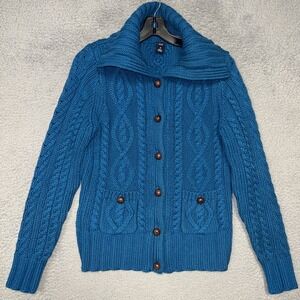 VTG Gap Cardigan Sweater Sz M Blue Cable Knit Shawl Collar Wool Blend Academia